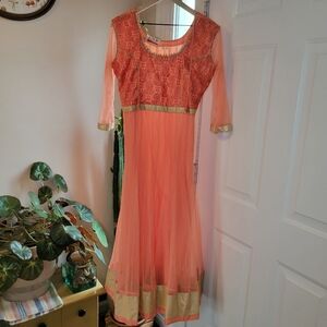 Pakistani Indian Coral 3 Piece Salwar Kameez‎ Dress With Dupatta Size XL NEW